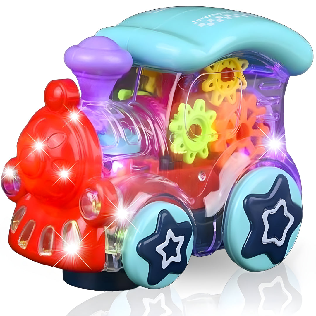 Musical Toy Battery Operated Transparent Gear Train Engine Toy for Kids with LED Lights and Sound, Bump & Go Action Toy for Boys Girls