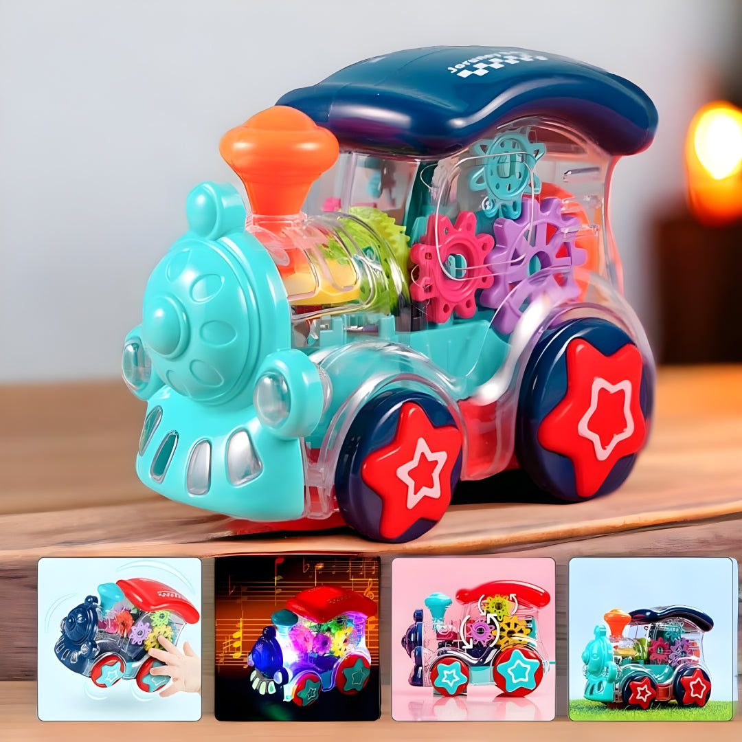 Musical Toy Battery Operated Transparent Gear Train Engine Toy for Kids with LED Lights and Sound, Bump & Go Action Toy for Boys Girls