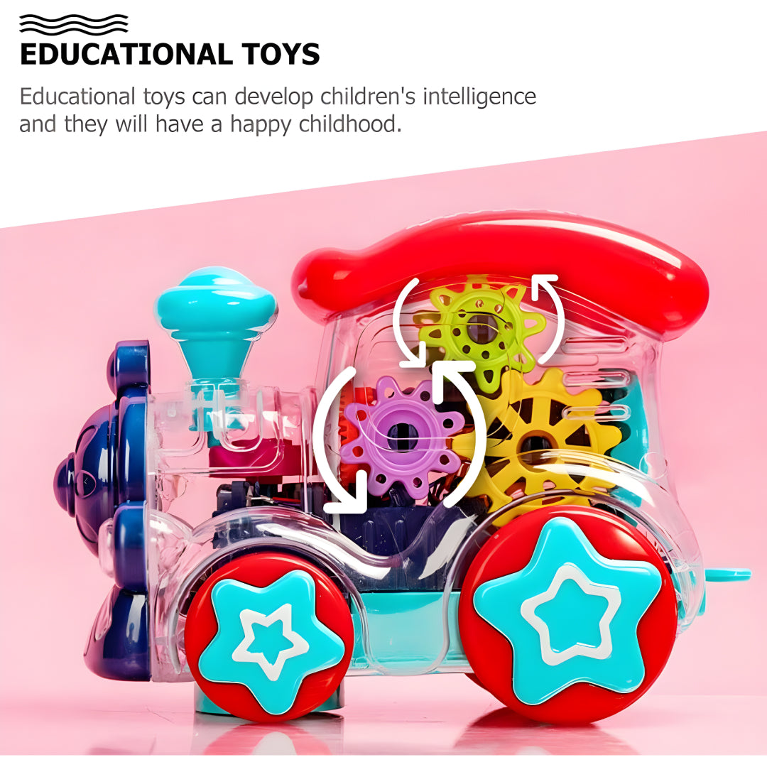 Musical Toy Battery Operated Transparent Gear Train Engine Toy for Kids with LED Lights and Sound, Bump & Go Action Toy for Boys Girls