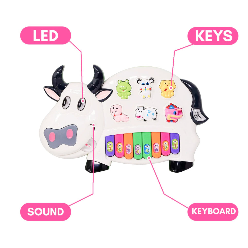 Musical Piano for Kids with Flashing Lights - Cow Piano Toys with 3 Modes Animal Sounds, Musical Toys for 3+ Years Old Kids, Early Development Musical Toy