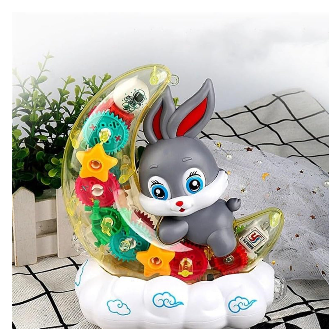 360 Degree Rotating Transparent Gear Moon Rabbit Toy - Concept Moon Rabbit with 3D Flashing LED Lights and Music, Durable Flashing Moon Rabbit Toy for Kids