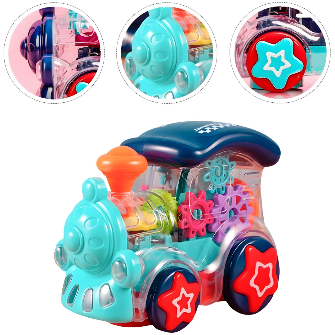 Musical Toy Battery Operated Transparent Gear Train Engine Toy for Kids with LED Lights and Sound, Bump & Go Action Toy for Boys Girls