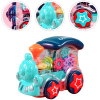 Musical Toy Battery Operated Transparent Gear Train Engine Toy for Kids with LED Lights and Sound, Bump & Go Action Toy for Boys Girls
