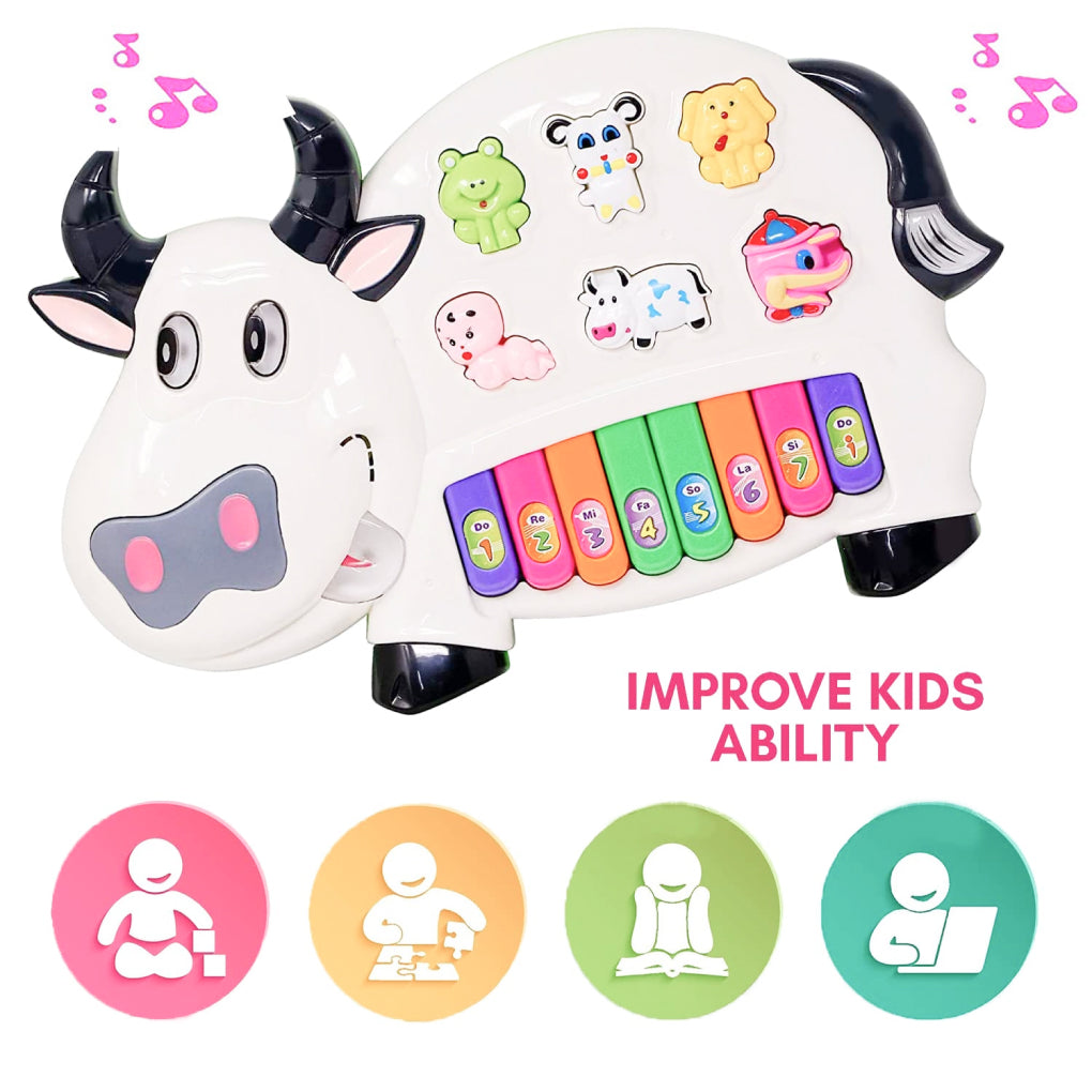 Musical Piano for Kids with Flashing Lights - Cow Piano Toys with 3 Modes Animal Sounds, Musical Toys for 3+ Years Old Kids, Early Development Musical Toy