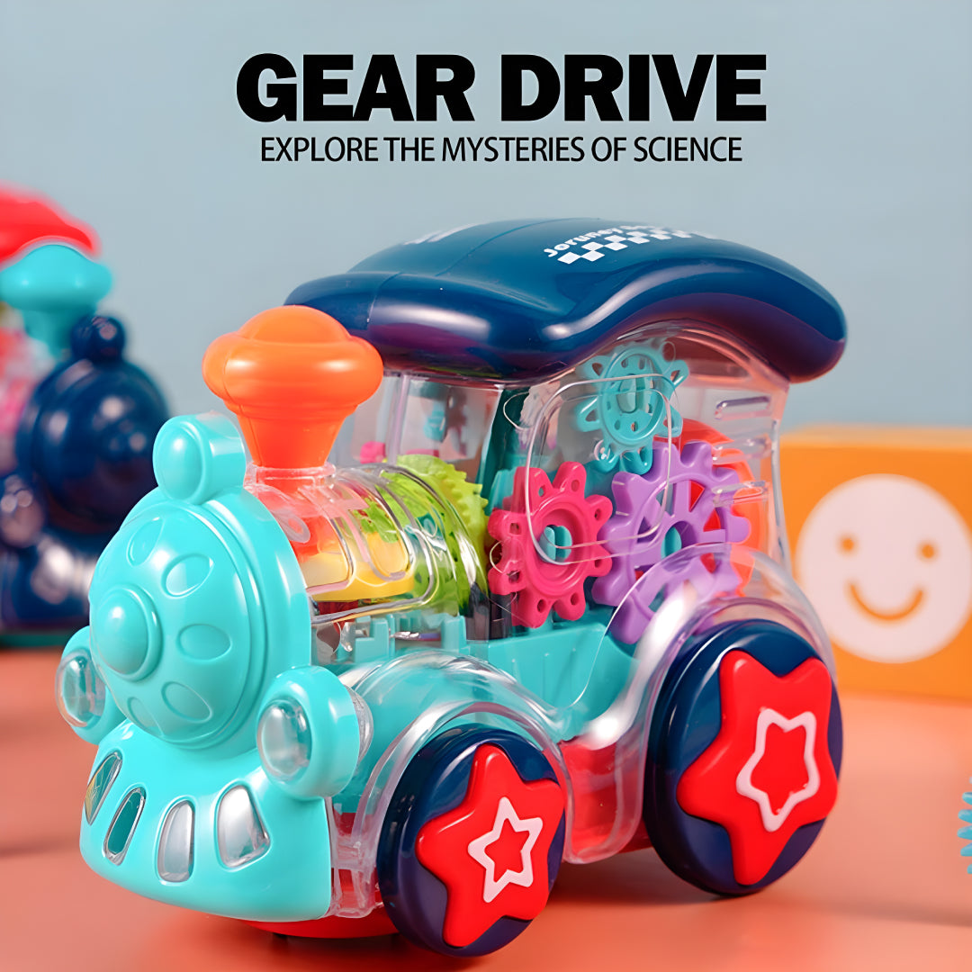 Musical Toy Battery Operated Transparent Gear Train Engine Toy for Kids with LED Lights and Sound, Bump & Go Action Toy for Boys Girls