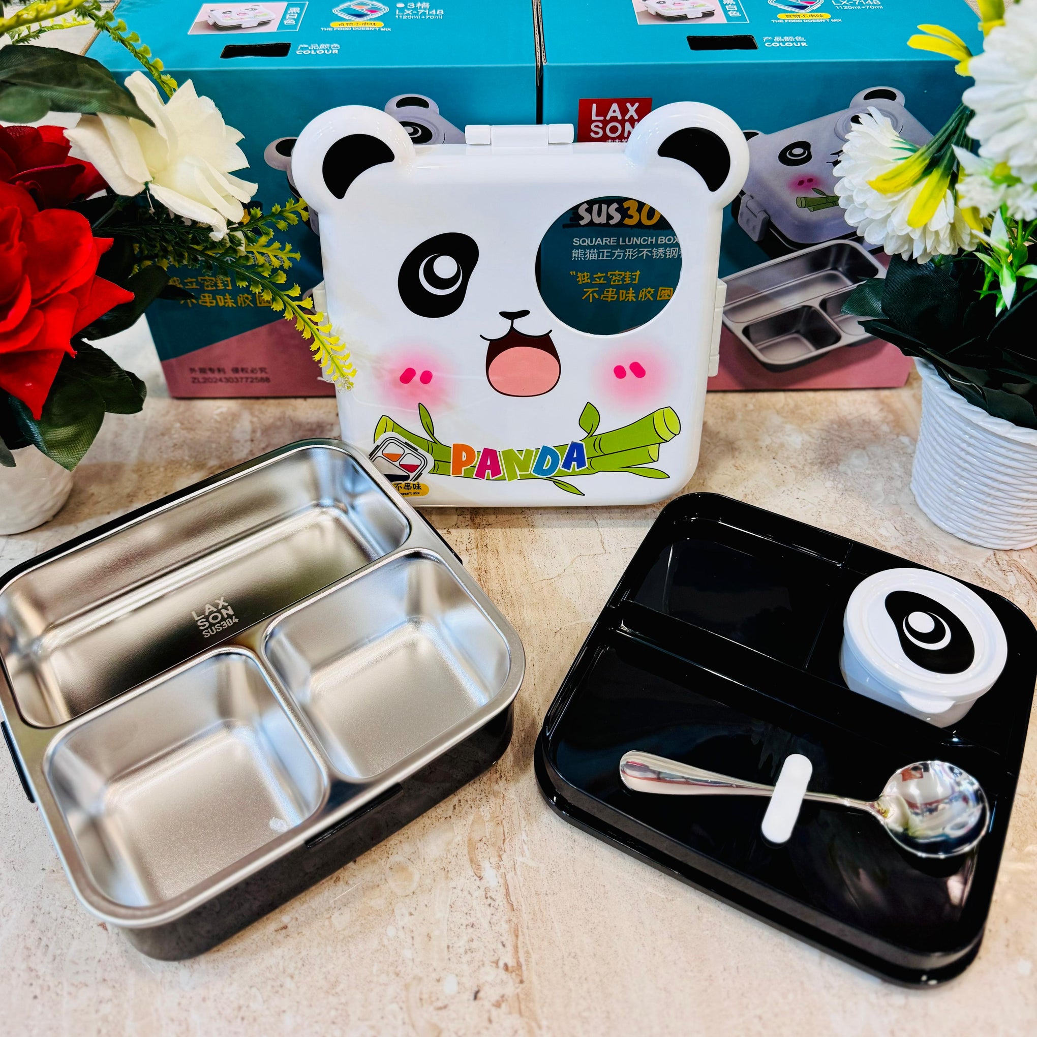 Panda Insulated Steel Lunch Box - 3 Grids, 1120ml + 70ml with Steel Spoon & Small Container